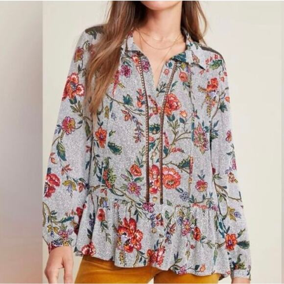 Anthro Maeve Womens Janie Peasant Blouse Top Size 12 Floral Lace Flowy Boho - Picture 2 of 9